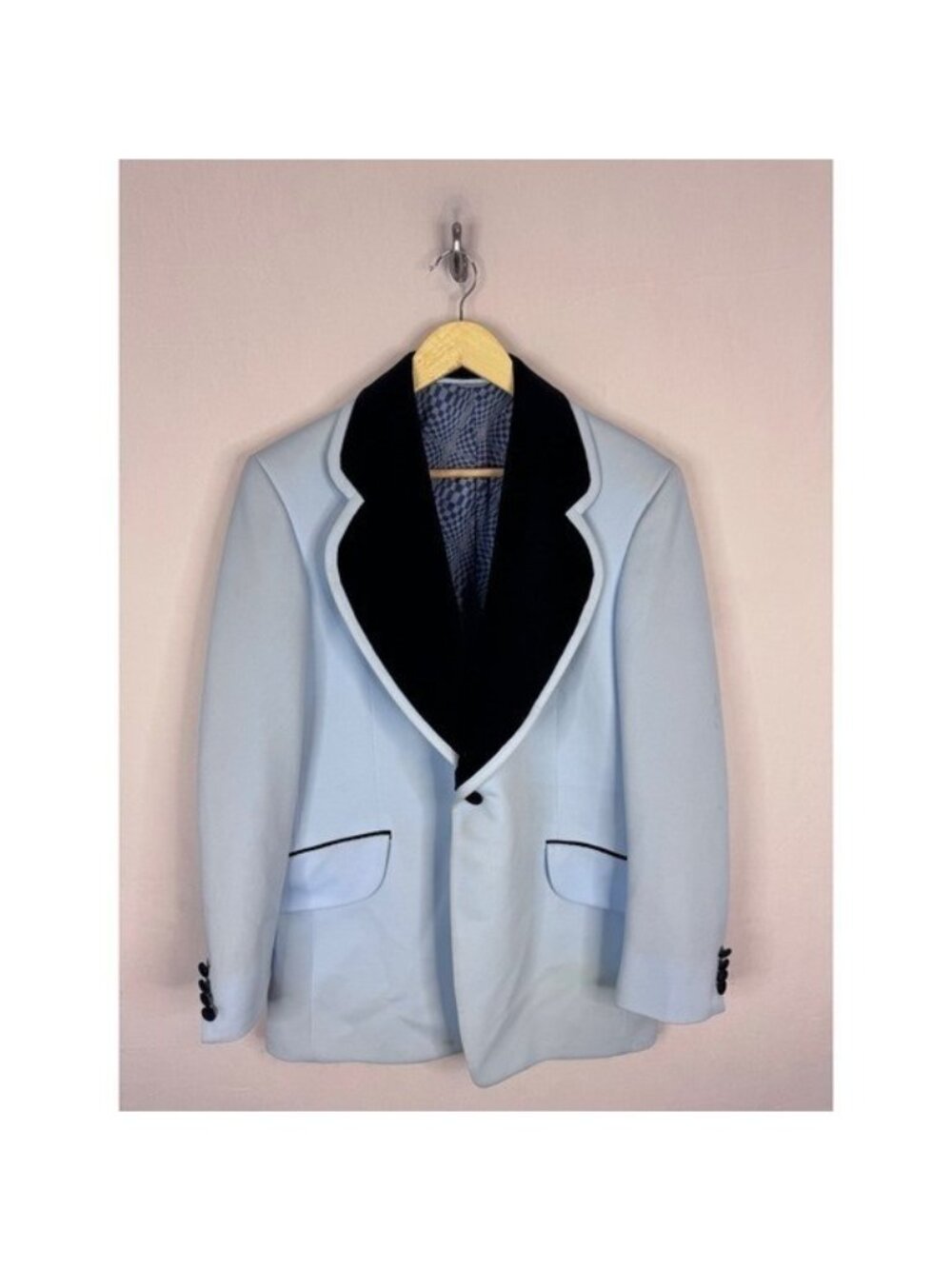 Vintage Drapeshire Men 40 Light Blue Knit Tuxedo Blazer Black Velvet Lapel 70s